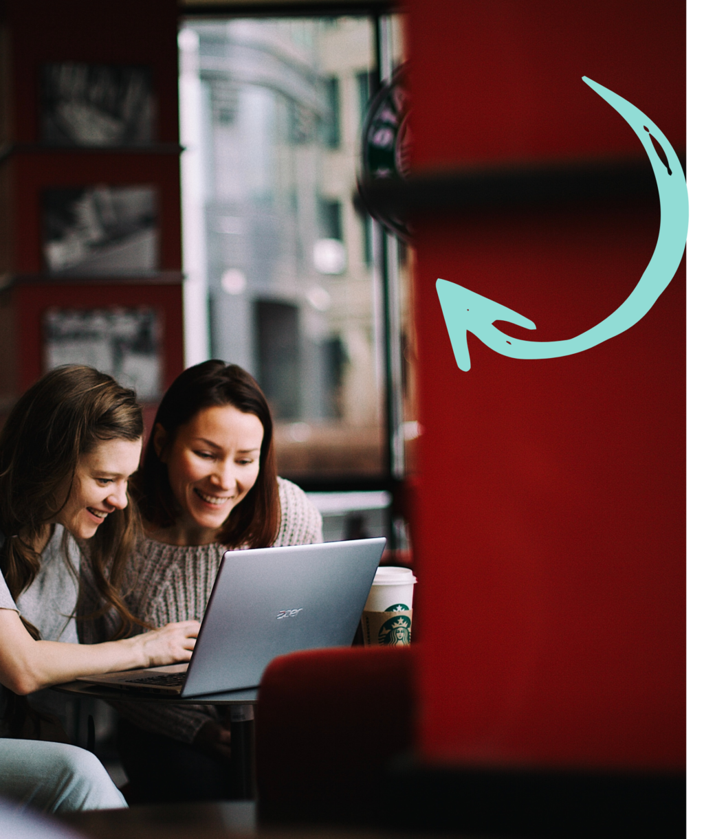 Women in cafe on laptop with light green playful arrow